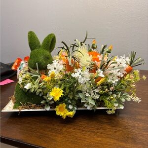 Spring Green Moss Bunny Floral Arrangement with Orange & Yellow Accents